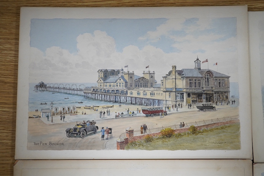 Alfred Robert Quinton (1853-1934), four original watercolours for postcards, Sussex views comprising The Pier, Bognor Regis, East Beach, Eastbourne, West Beach from the Pier and The New Aquarium Brighton, each signed, 20